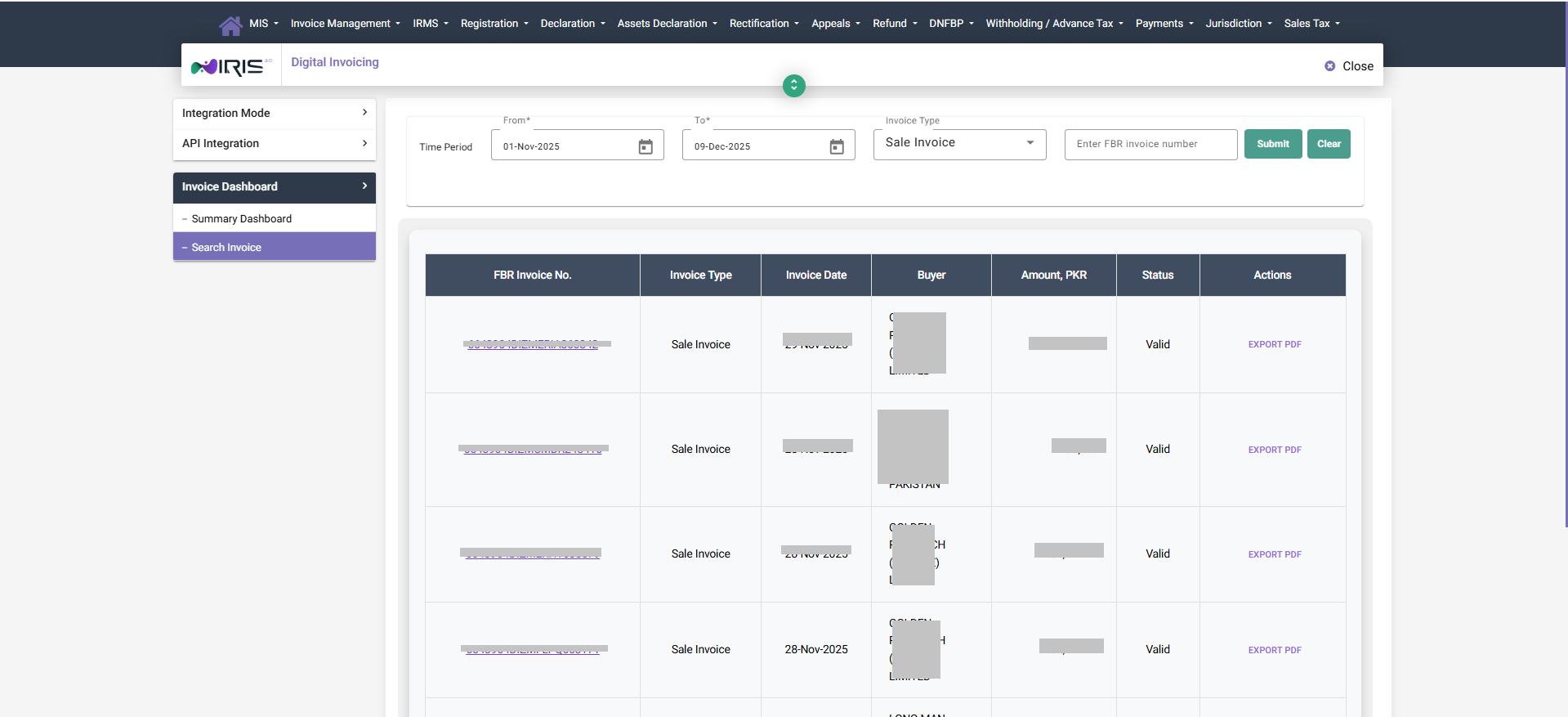 Search / print invoice screenshot